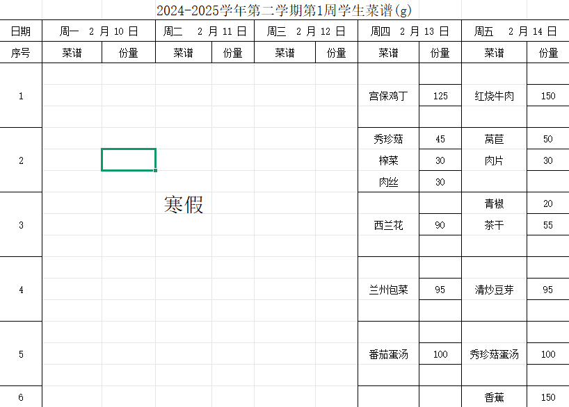 2024-2025学年第二学期第1周学生菜谱(g)